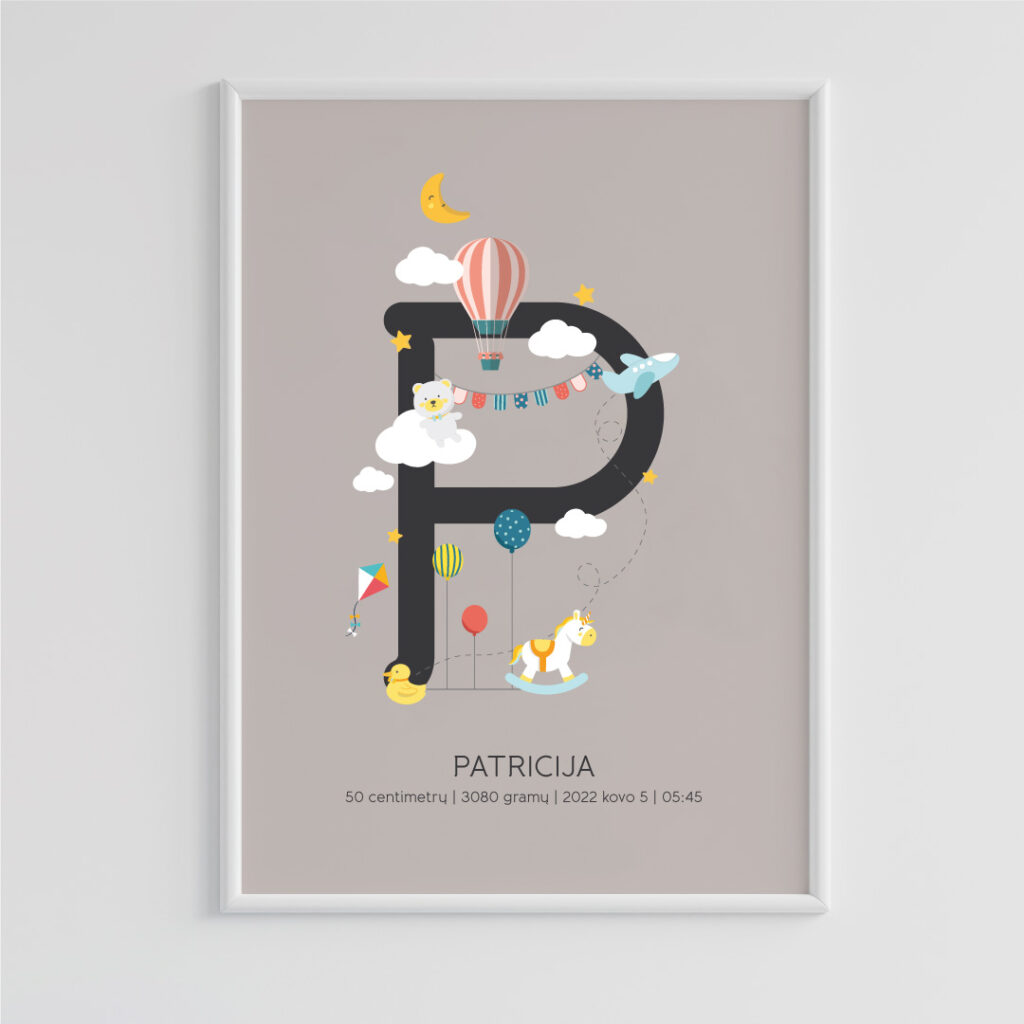 Vaiko gimimo plakatas su vaiko vardo raidele