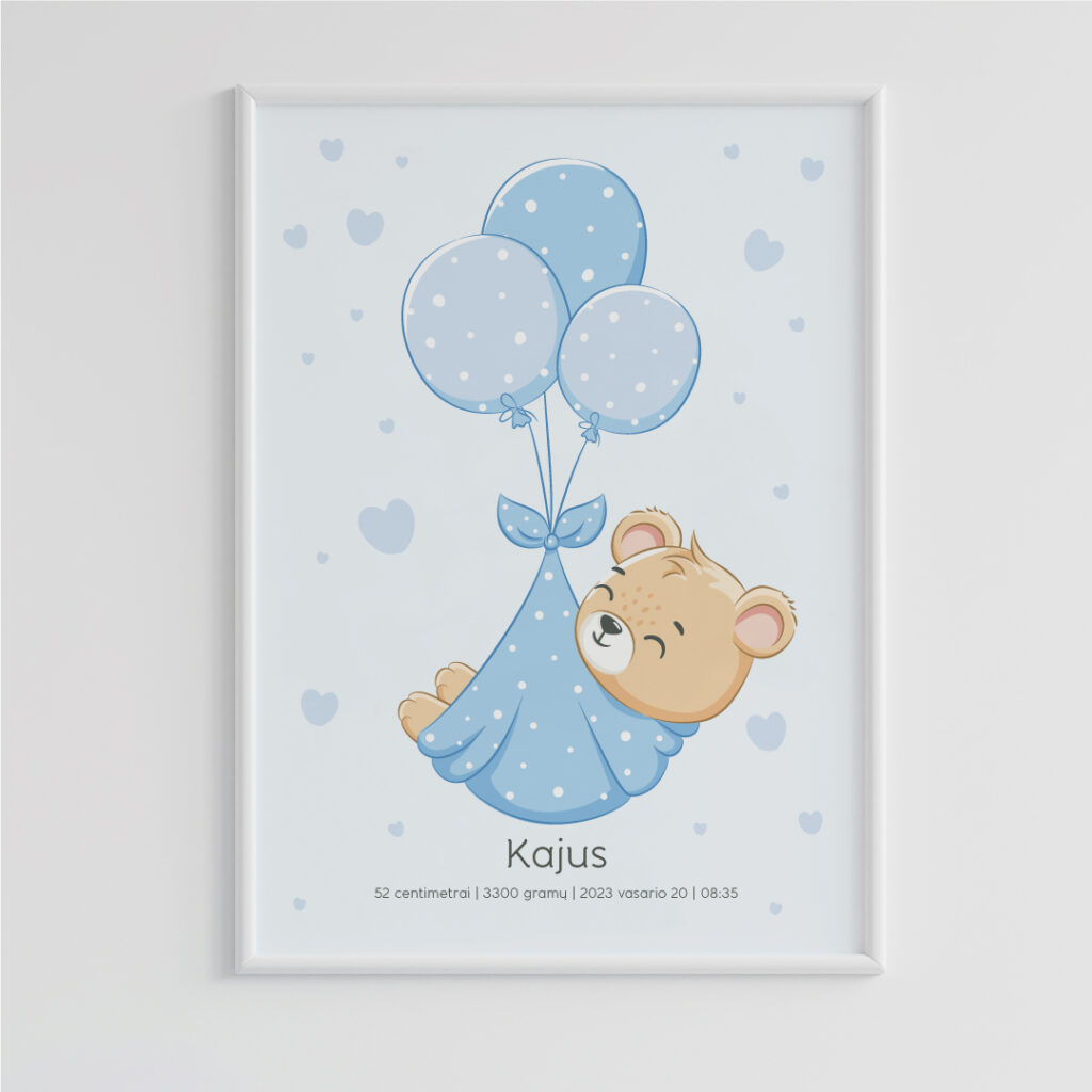 Vaiko gimimo plakatas, vaiko metrika su meškučiu